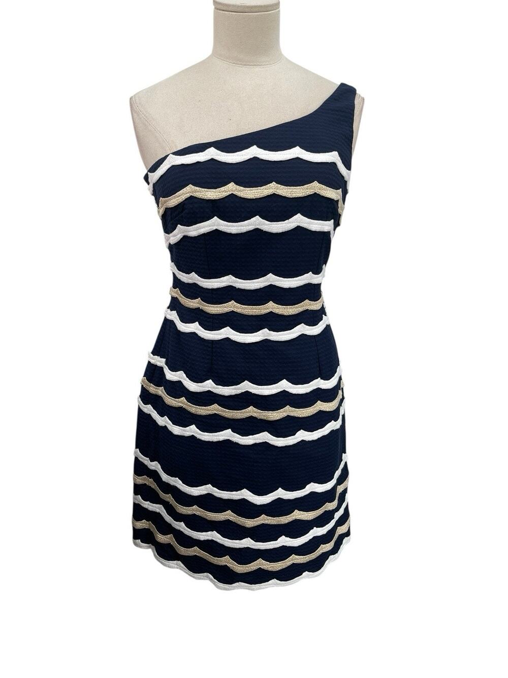 Lilly Pulitzer Tylar One Shoulder Dress True Navy Scallopy Stripey Size 0